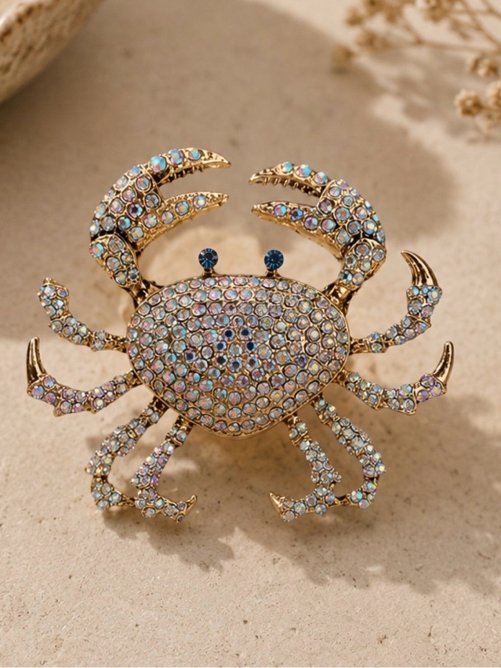 Gold-Tone Crystal Crab Brooch - Iridescent Blue Accent